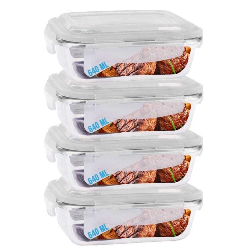 Jogo 4 Potes de Vidro Hermético Marmita Tampa 4 Travas 640ml